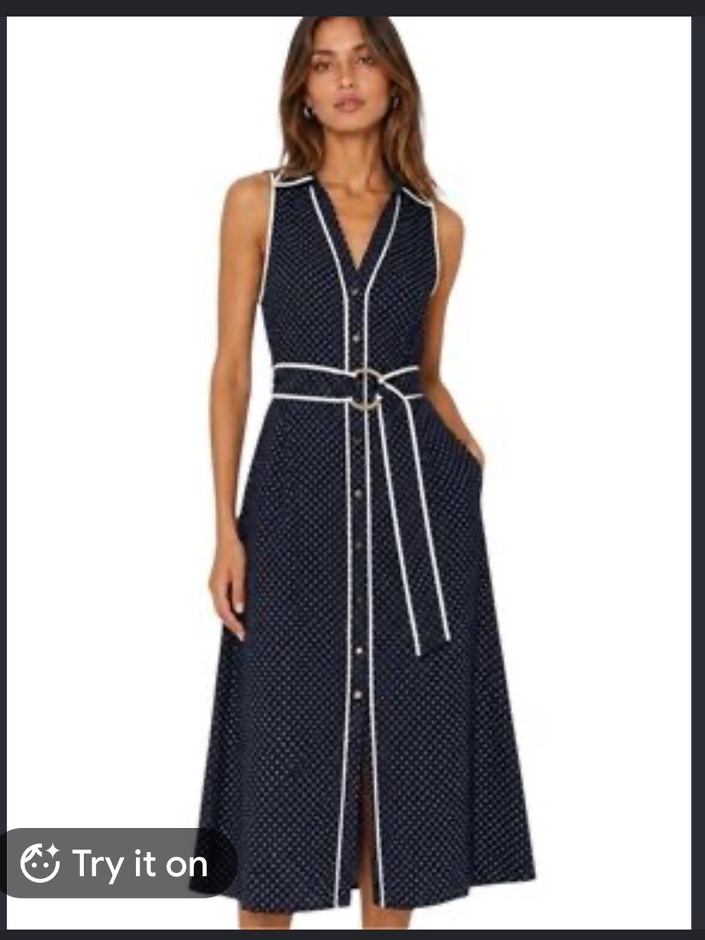 Zara Polka Dot Midi Dress with Belt Blue & White